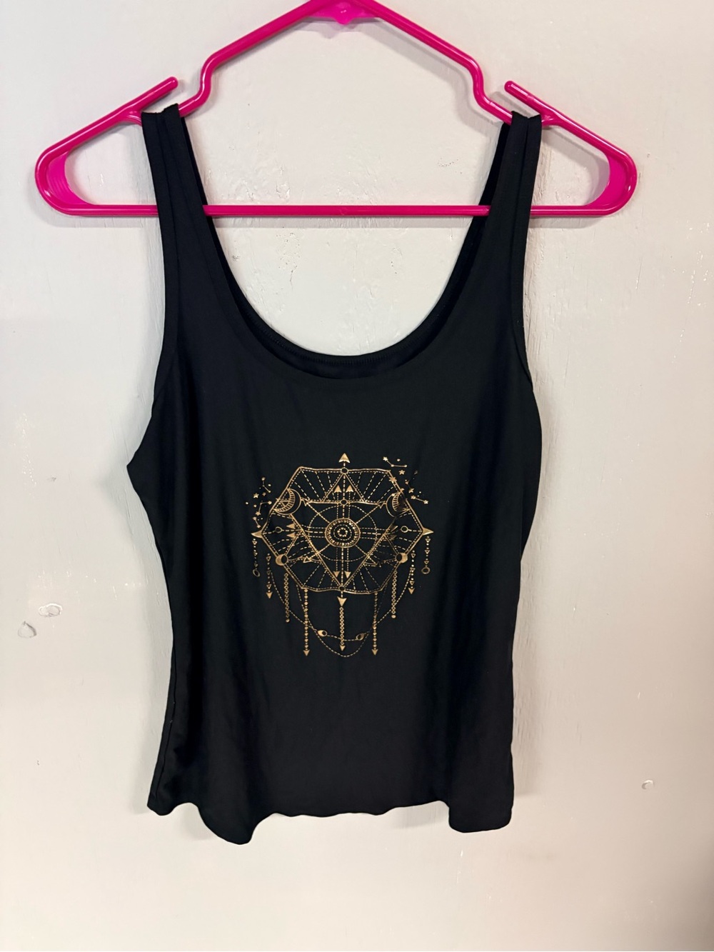 Black Graphic Tank Top with Gold Geometric Print XL